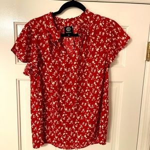 Red floral flutter sleeve blouse